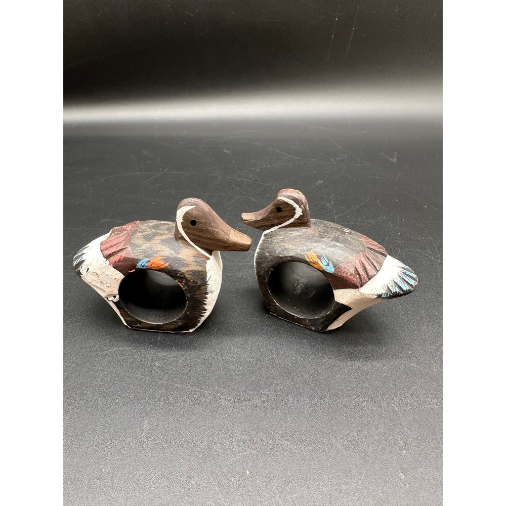 Unbranded Hand Painted Wood Duck Napkin Ring Brown Blue Red Folk Art Table Decor